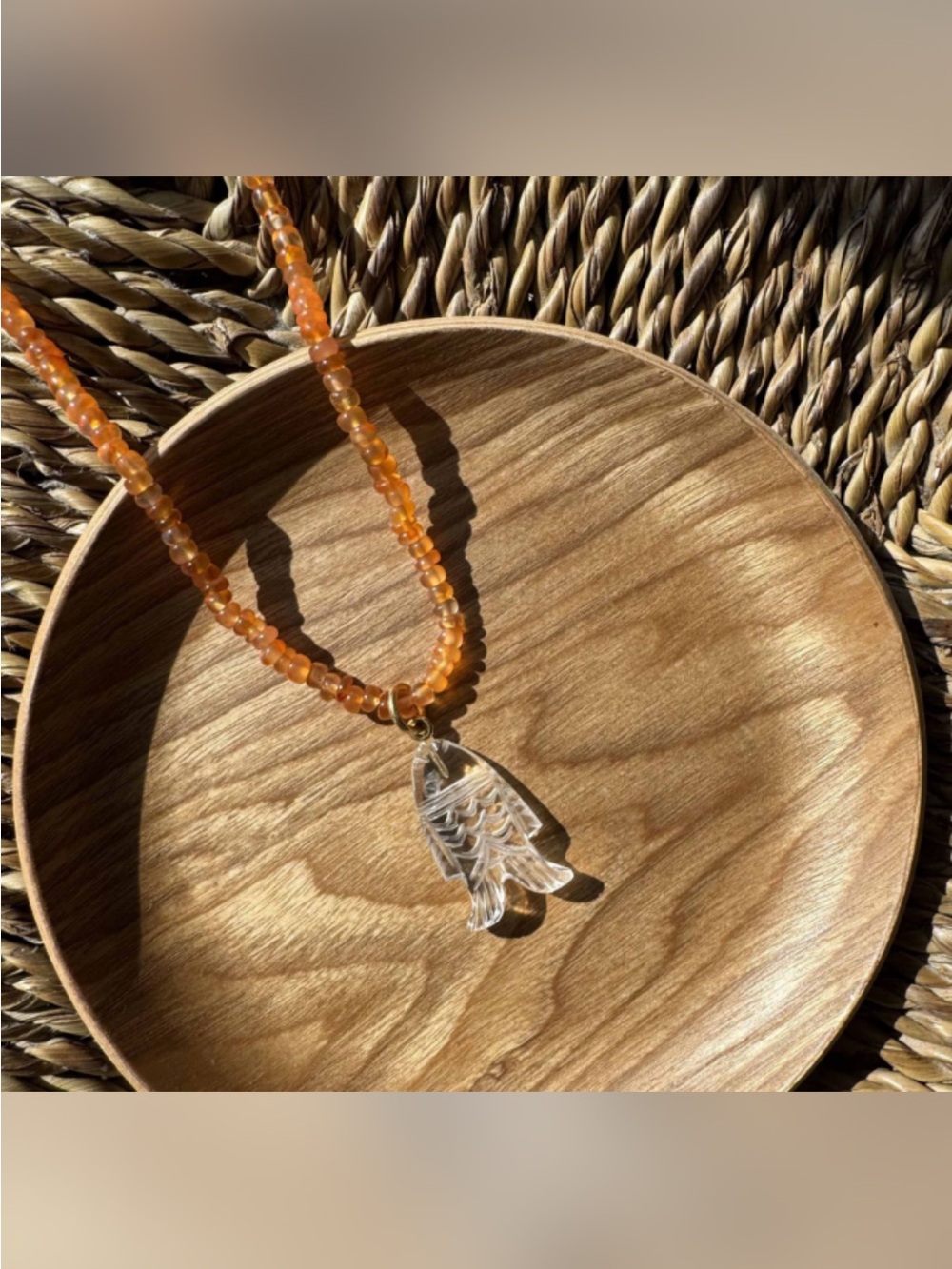 Mayamar Handcrafted Orange Beaded Necklace with Clear Fish Pendant
